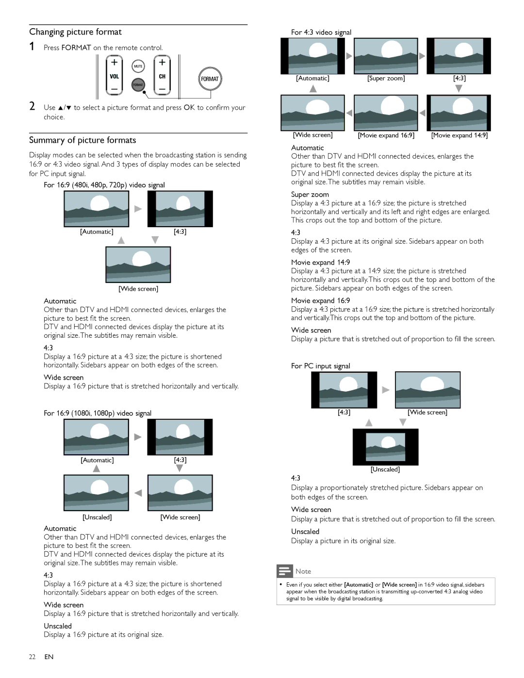 Philips 55PFL5706, 40PFL5706, 46PFL5706 user manual Changing picture format, Summary of picture formats 