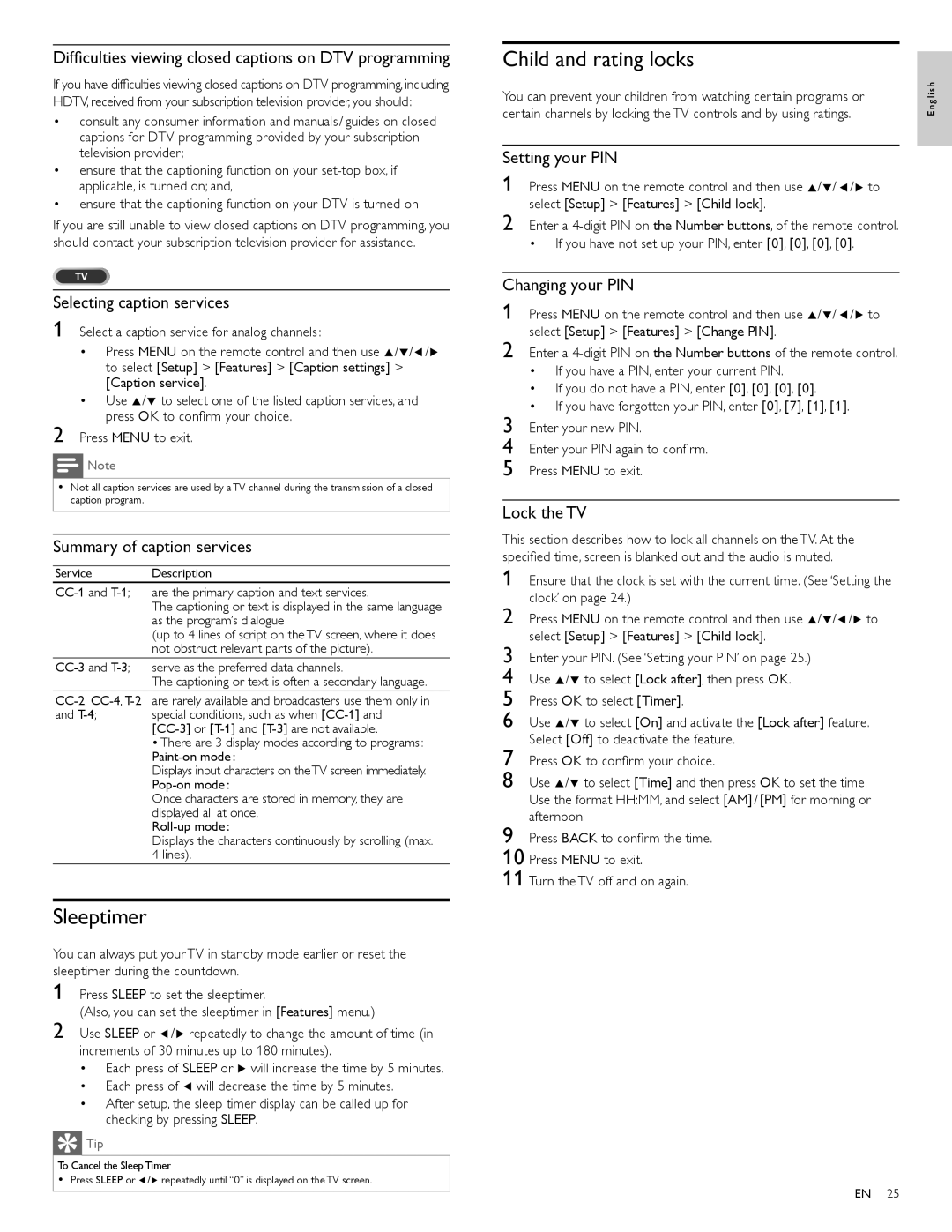 Philips 55PFL5706, 40PFL5706, 46PFL5706 user manual Sleeptimer, Child and rating locks 