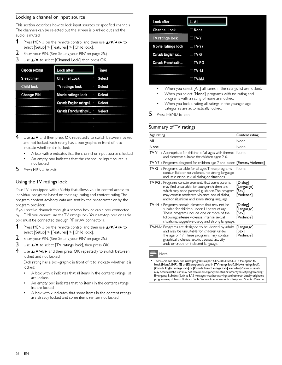 Philips 40PFL5706, 46PFL5706, 55PFL5706 Locking a channel or input source, Using the TV ratings lock, Summary of TV ratings 