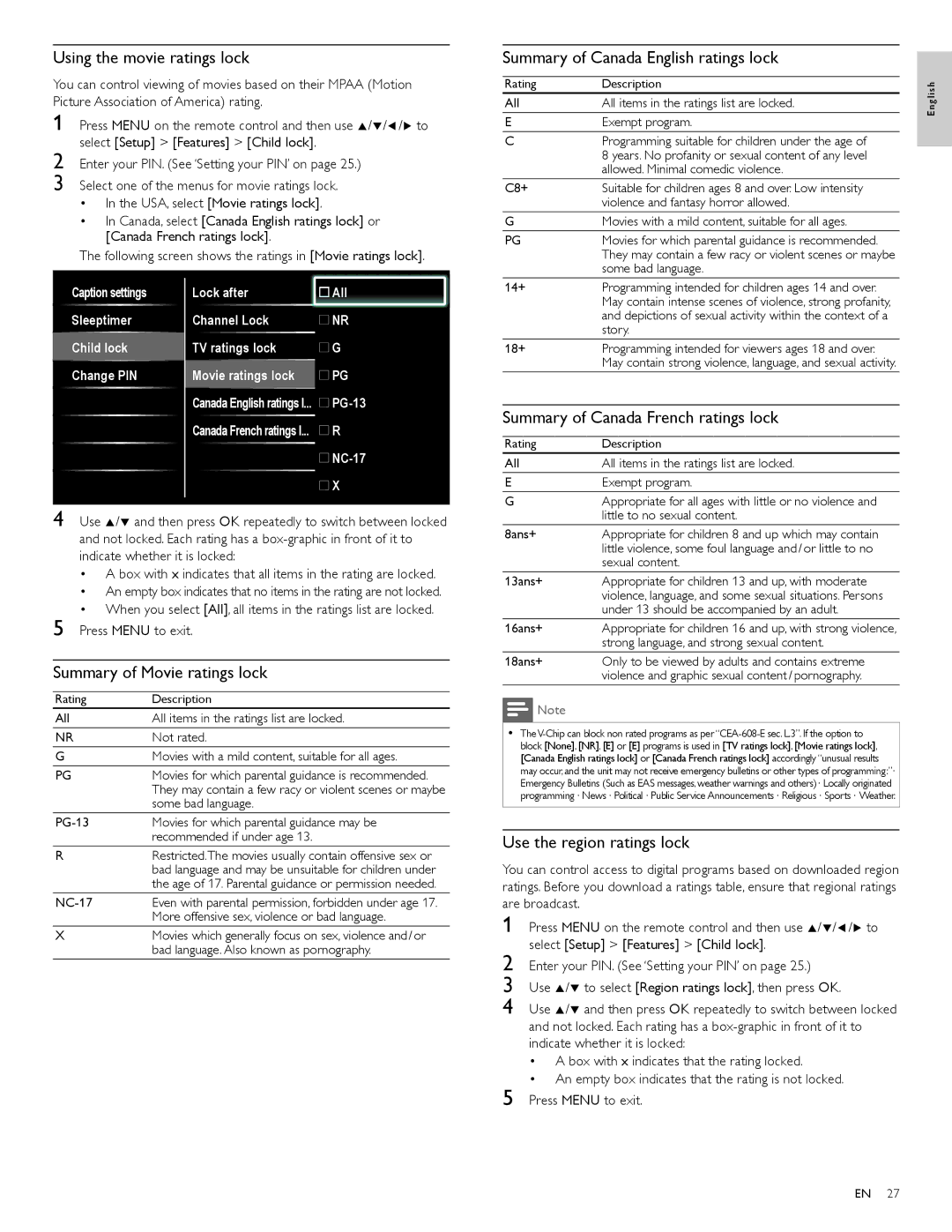 Philips 46PFL5706 Using the movie ratings lock, Summary of Canada English ratings lock, Summary of Movie ratings lock 