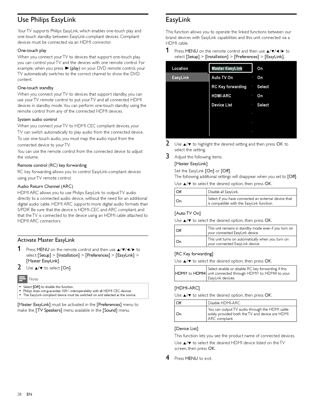 Philips 55PFL5706, 40PFL5706, 46PFL5706 user manual Use Philips EasyLink, Activate Master EasyLink, Hdmi-Arc 