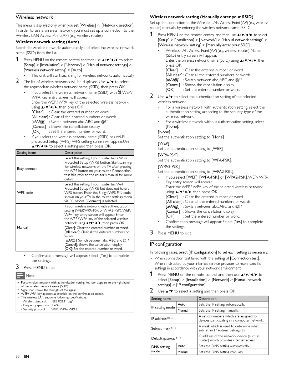 Philips 46PFL5706, 40PFL5706, 55PFL5706 user manual Wireless network, IP conﬁguration, Wep, Wpa-Psk, WPA2-PSK 