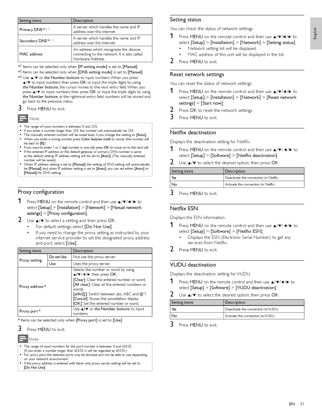 Philips 55PFL5706, 40PFL5706 Proxy conﬁguration, Setting status, Reset network settings, Netﬂix deactivation, Netﬂix ESN 