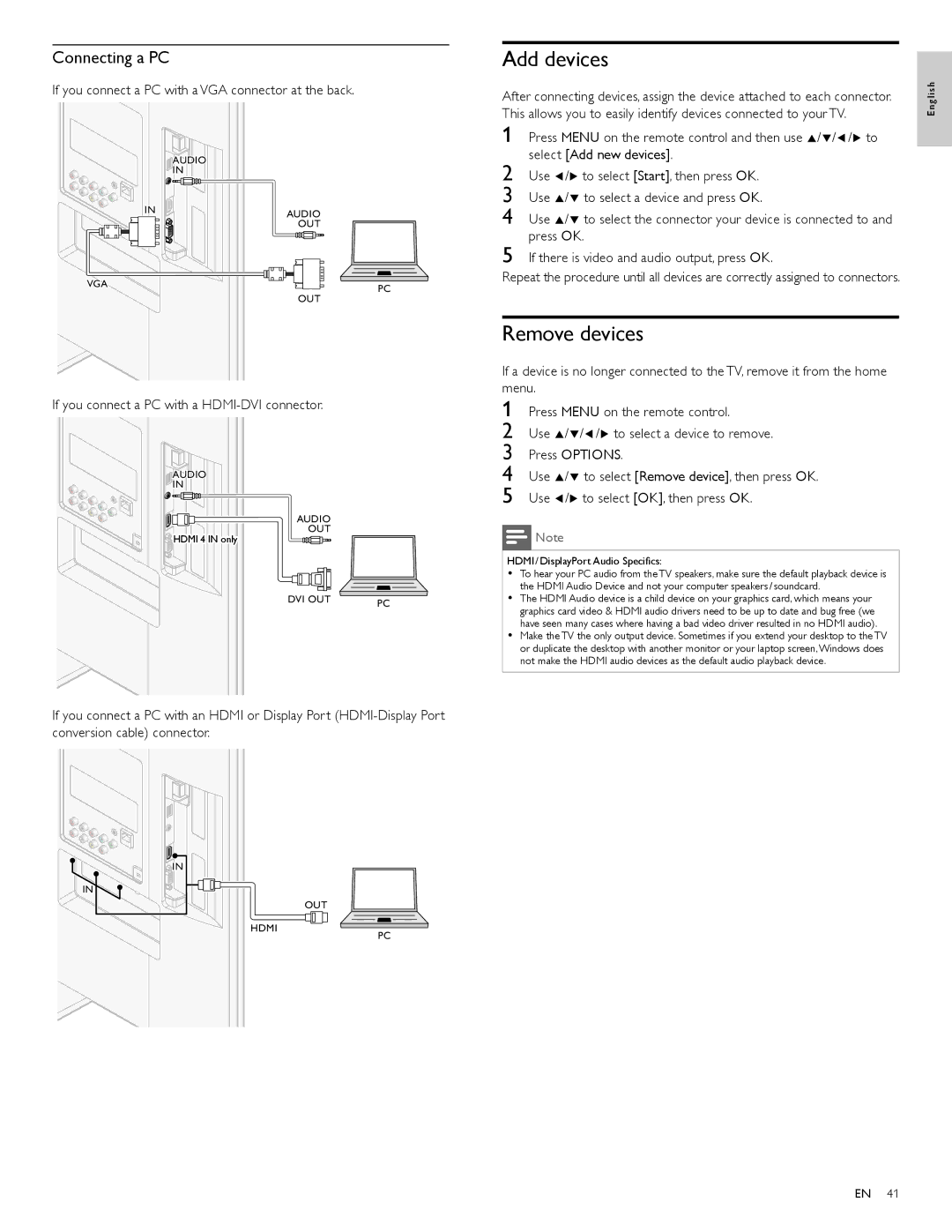 Philips 40PFL5706 Add devices, Remove devices, Connecting a PC, If you connect a PC with a VGA connector at the back 