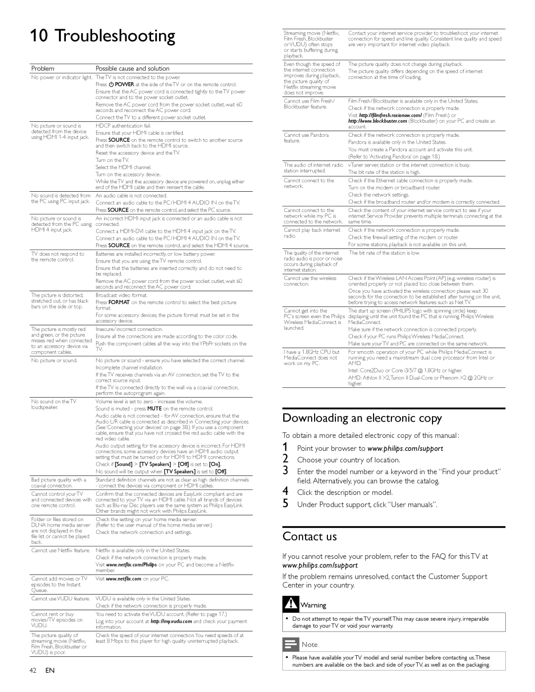 Philips 46PFL5706 Troubleshooting, Downloading an electronic copy, Contact us, Problem Possible cause and solution 