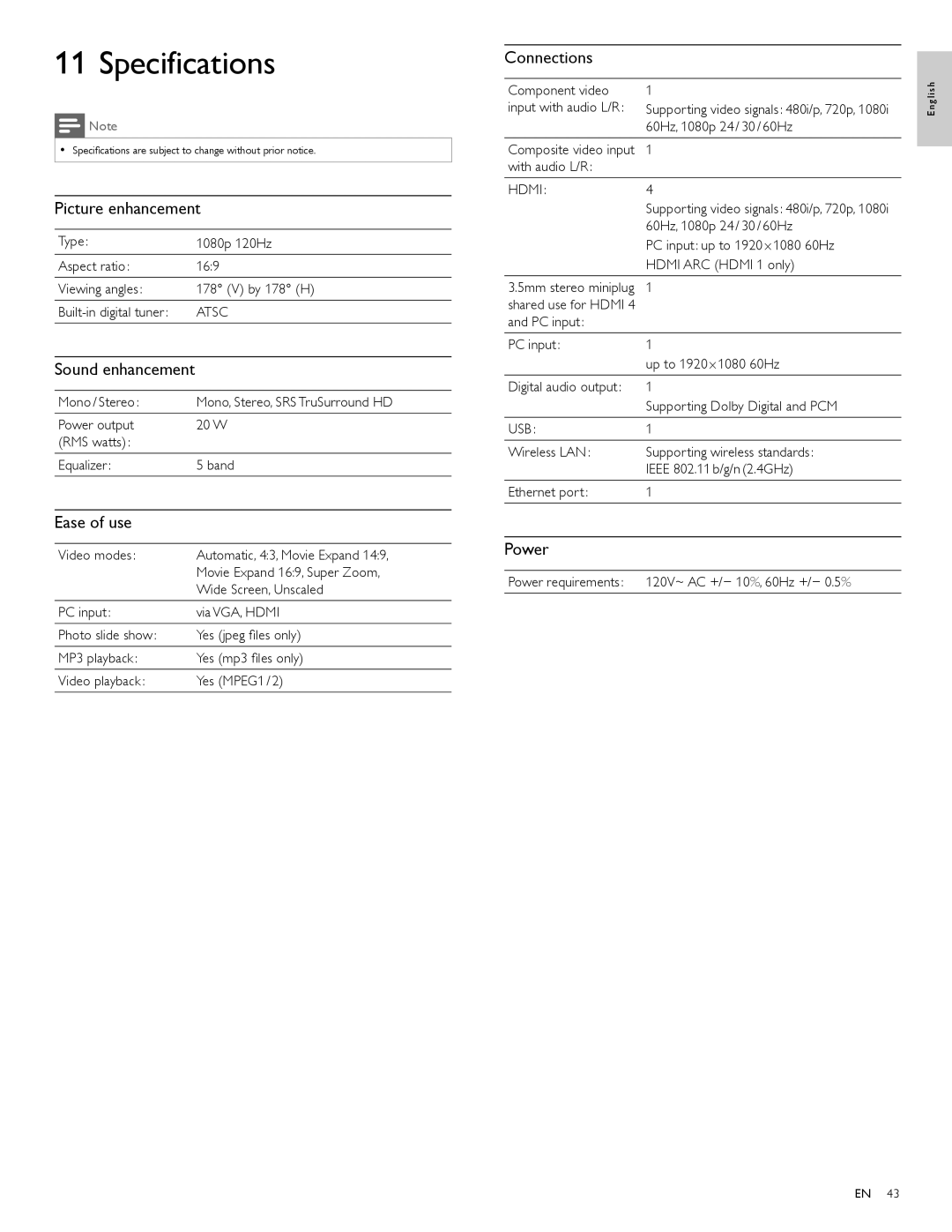 Philips 55PFL5706, 40PFL5706, 46PFL5706 user manual Specifications 