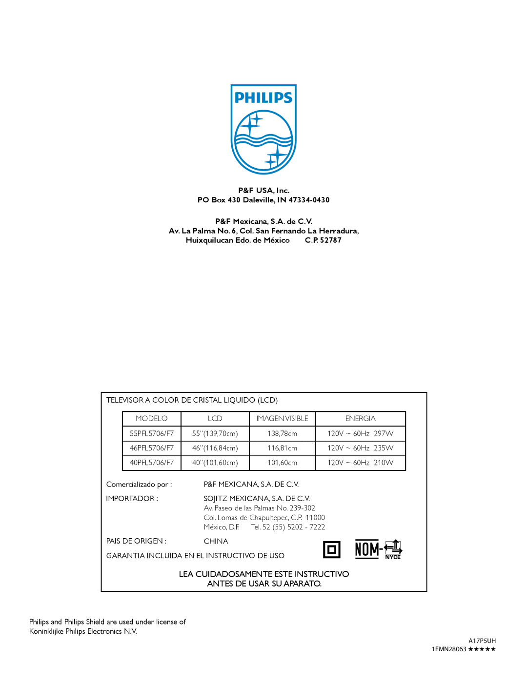 Philips 55PFL5706, 40PFL5706, 46PFL5706 Televisor a Color DE Cristal Liquido LCD Modelo, Energia, Mexicana, S.A. De C.V 
