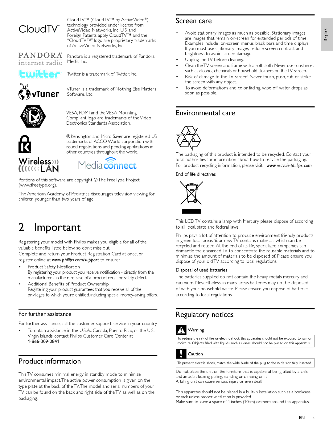 Philips 40PFL5706 Screen care, Environmental care, Product information, Regulatory notices, For further assistance 