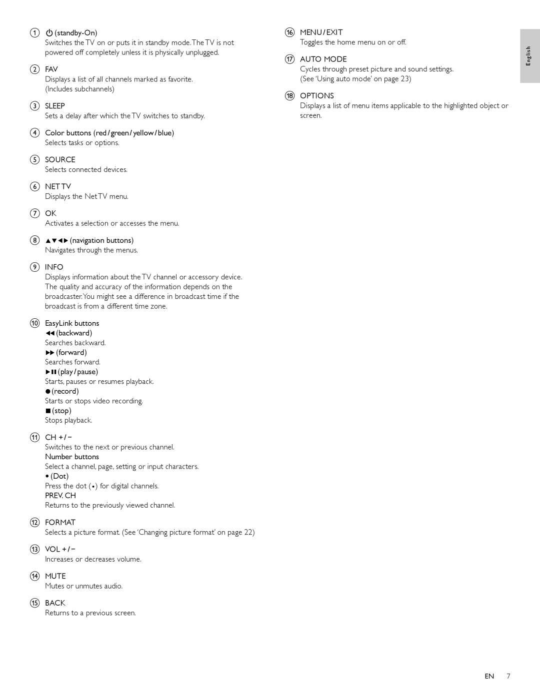 Philips 55PFL5706 Standby-On, Info, Searches backward, Prev. Ch, Returns to the previously viewed channel Format 