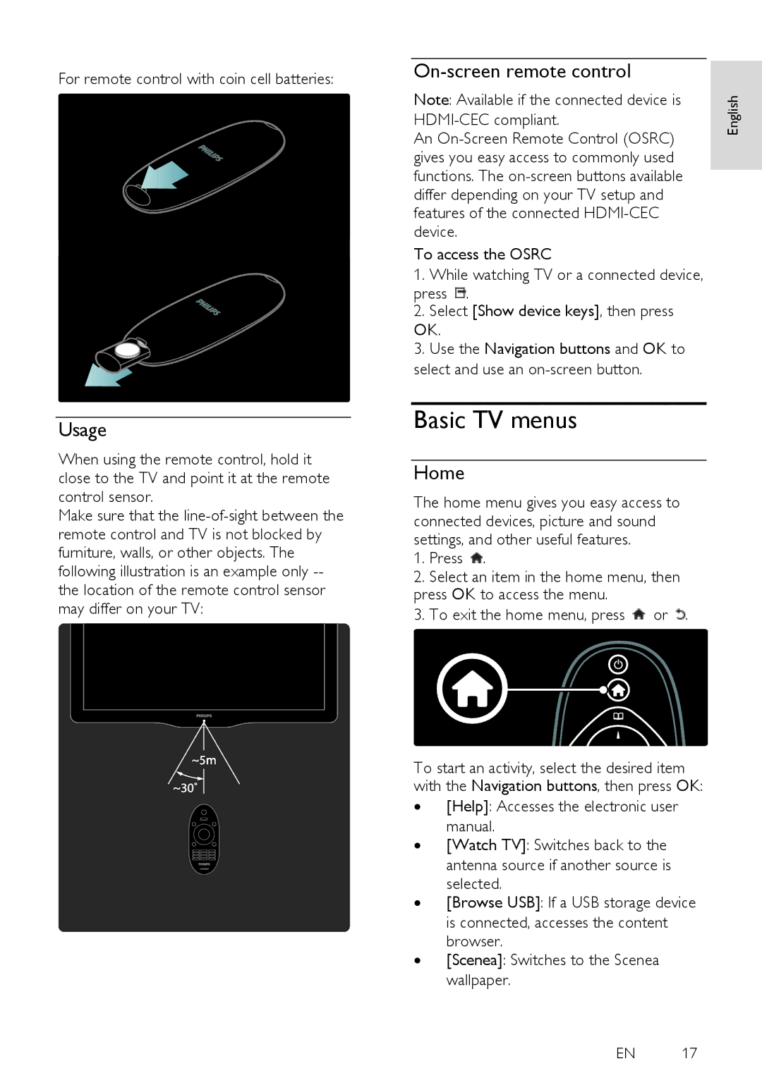 Philips 40PFL6405H, 40PFL6505H, 32PFL6505H, 32PFL6405H user manual Basic TV menus, Usage, On-screen remote control, Home 