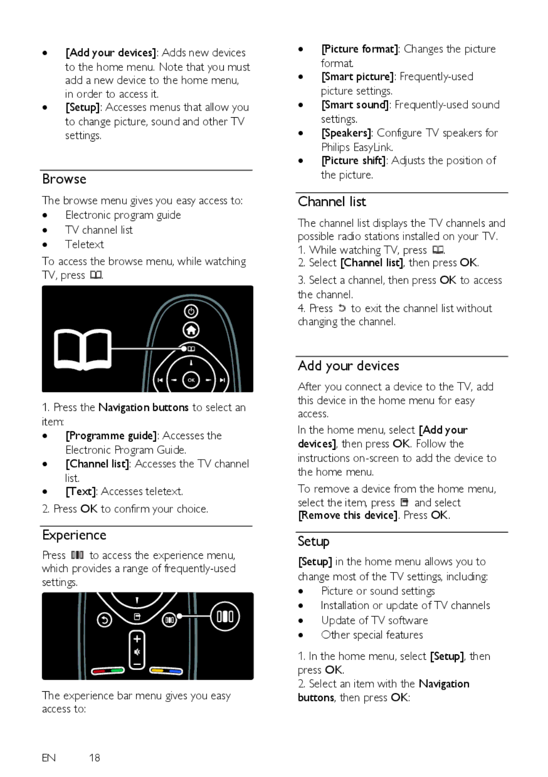 Philips 32PFL6505H, 40PFL6505H, 40PFL6405H, 32PFL6405H user manual Browse, Experience, Channel list, Add your devices, Setup 