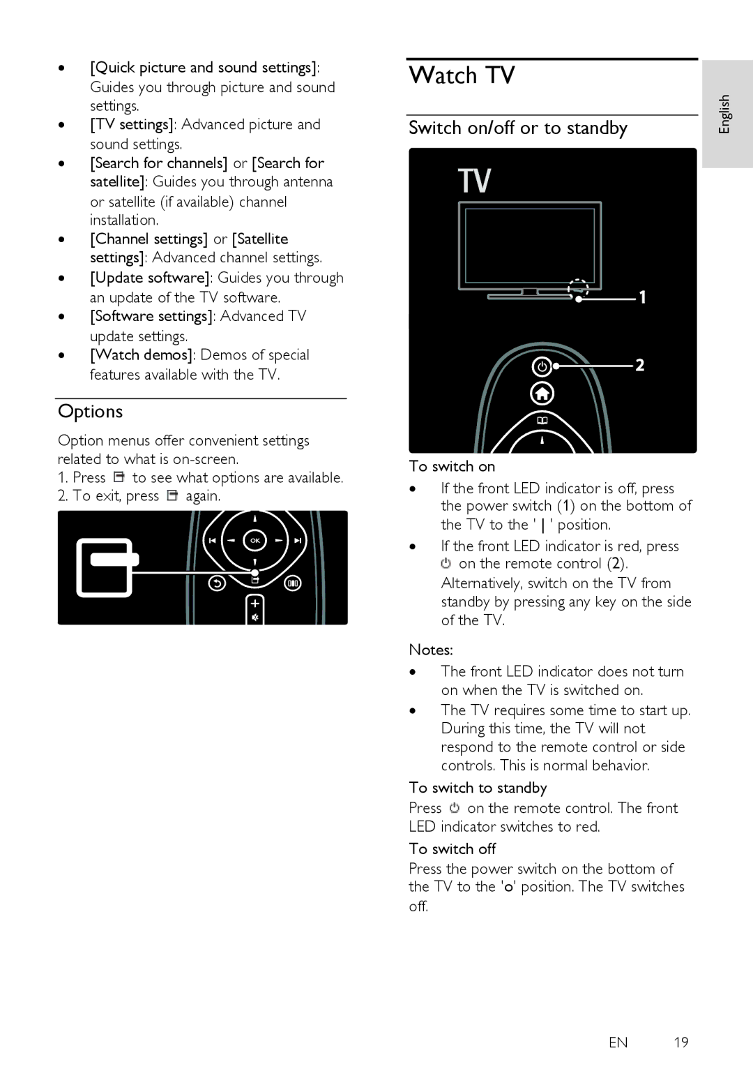 Philips 32PFL6405H Watch TV, Options, Switch on/off or to standby, ∙ Software settings Advanced TV update settings, Off 