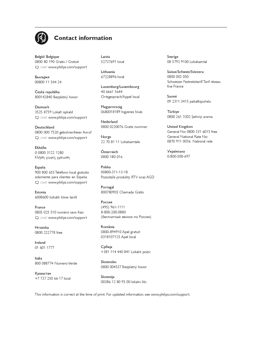 Philips 32PFL6505H, 40PFL6505H, 40PFL6405H, 32PFL6405H user manual Contact information 