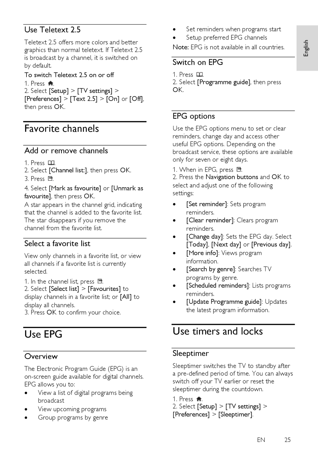 Philips 40PFL6405H, 40PFL6505H, 32PFL6505H, 32PFL6405H user manual Favorite channels, Use EPG, Use timers and locks 