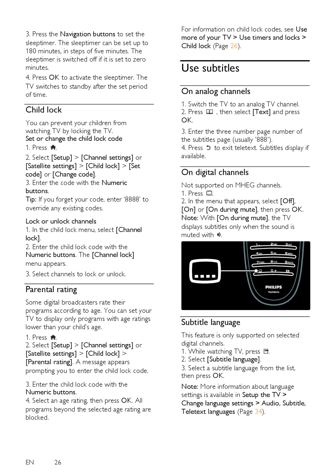 Philips 32PFL6505H, 40PFL6505H, 40PFL6405H, 32PFL6405H user manual Use subtitles 