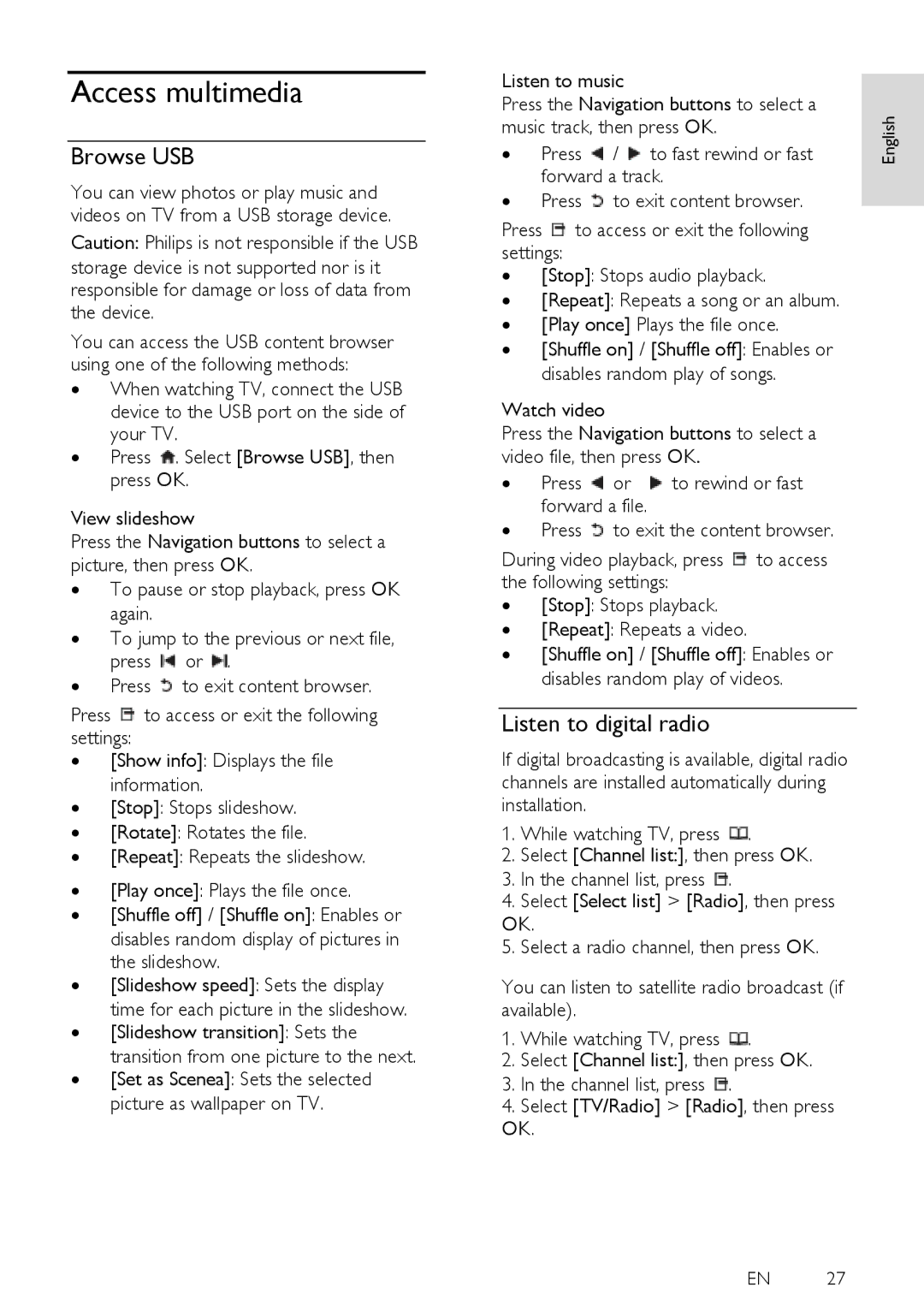 Philips 32PFL6405H, 40PFL6505H, 40PFL6405H, 32PFL6505H user manual Access multimedia, Browse USB, Listen to digital radio 
