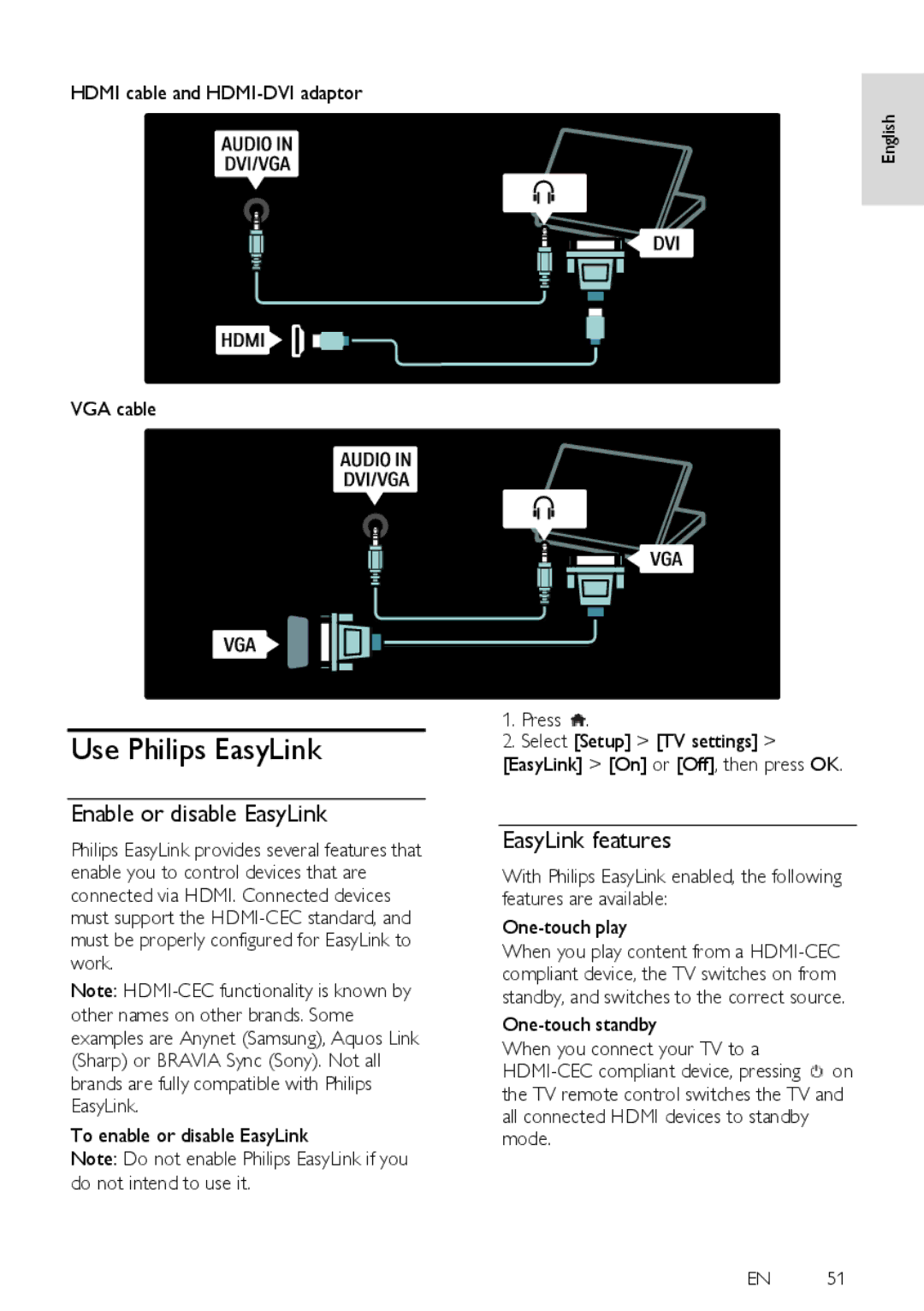 Philips 32PFL6405H Use Philips EasyLink, Enable or disable EasyLink, EasyLink features, To enable or disable EasyLink 