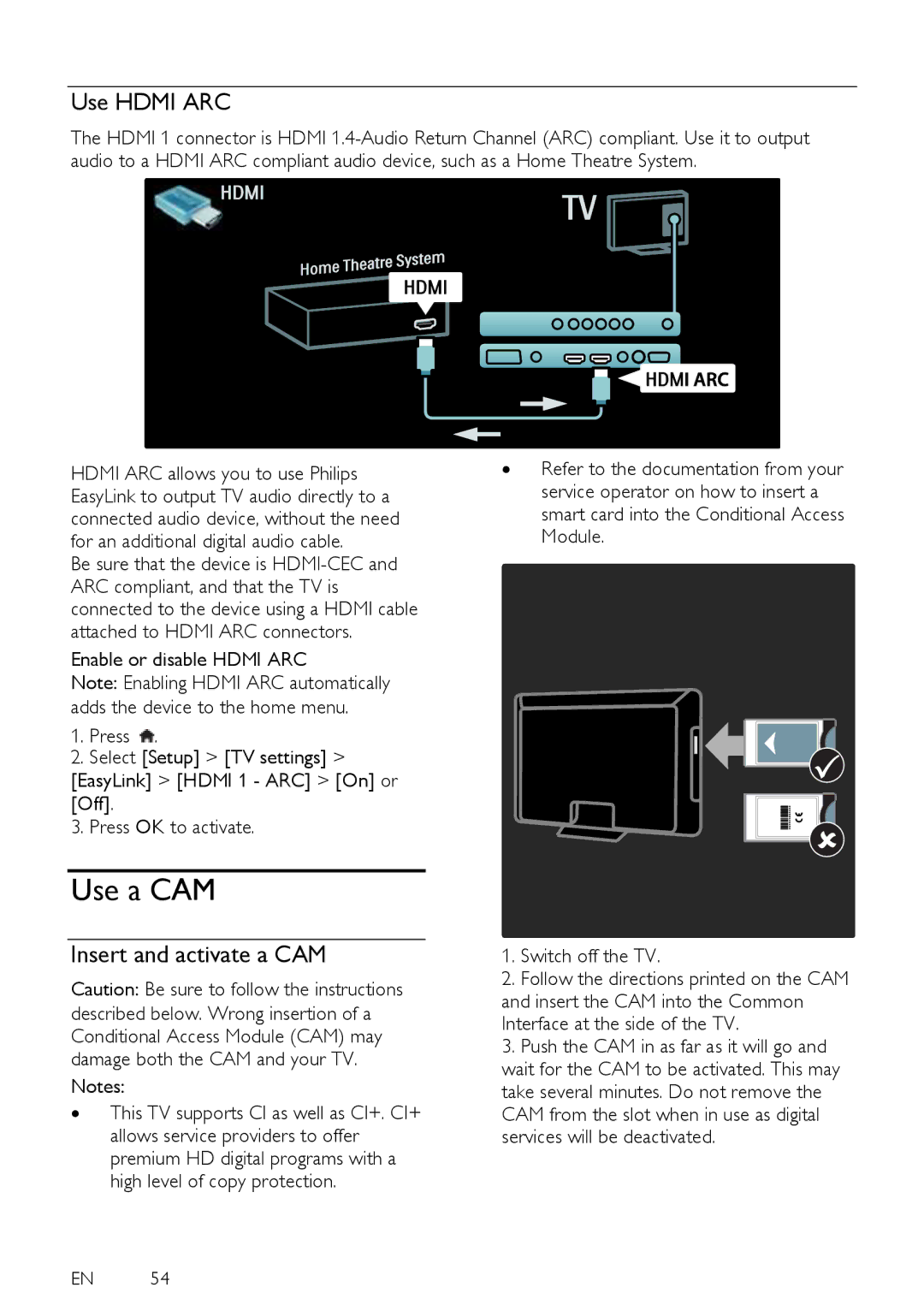 Philips 32PFL6505H, 40PFL6505H, 40PFL6405H, 32PFL6405H user manual Use a CAM, Use Hdmi ARC, Insert and activate a CAM 