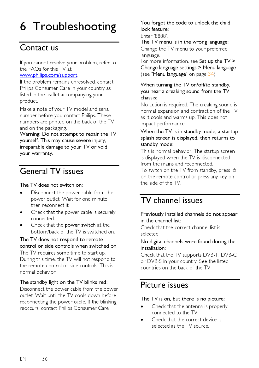 Philips 40PFL6505H, 40PFL6405H user manual Troubleshooting, Contact us, General TV issues, TV channel issues, Picture issues 