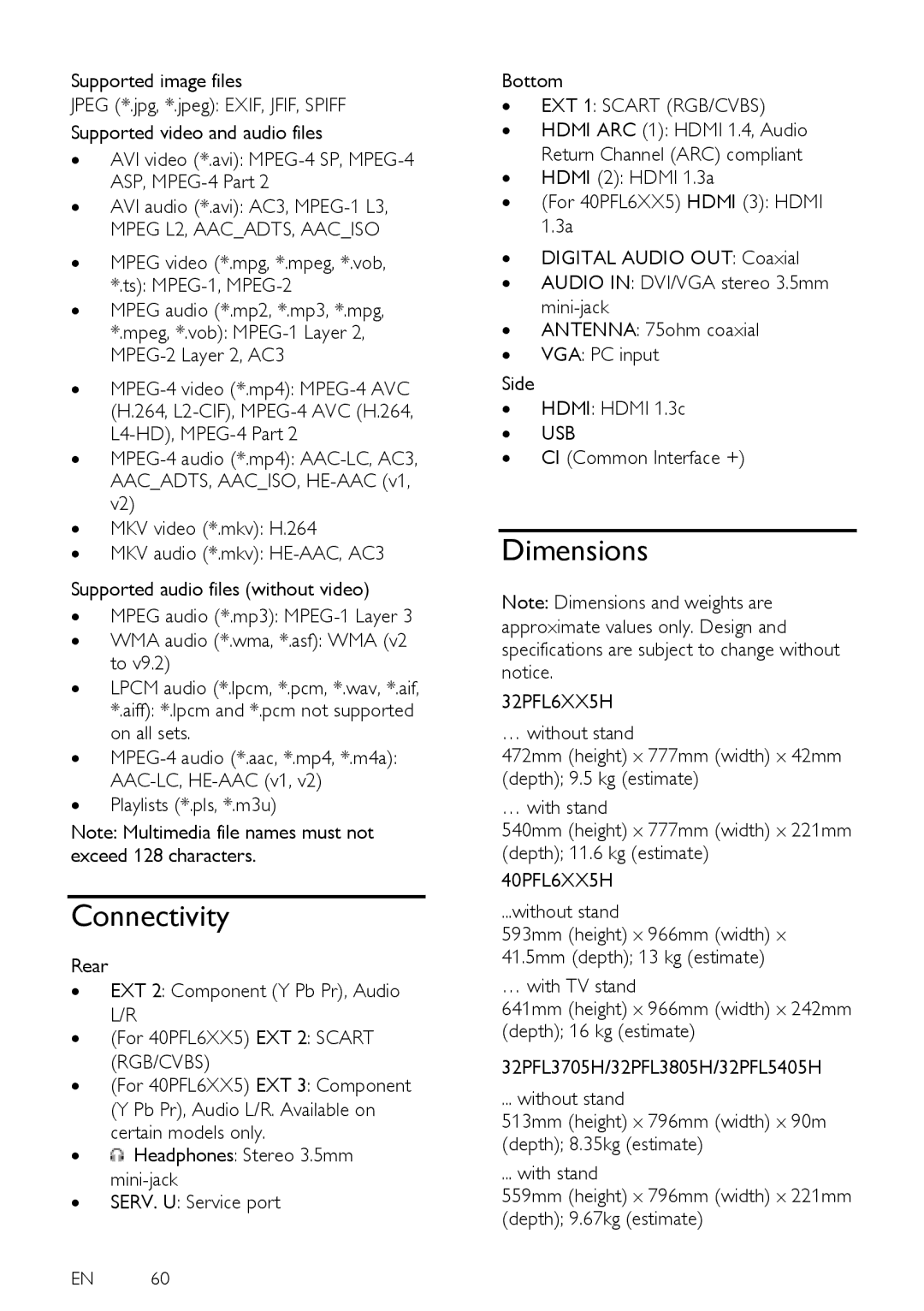 Philips 40PFL6505H, 40PFL6405H, 32PFL6505H, 32PFL6405H user manual Connectivity, Dimensions 