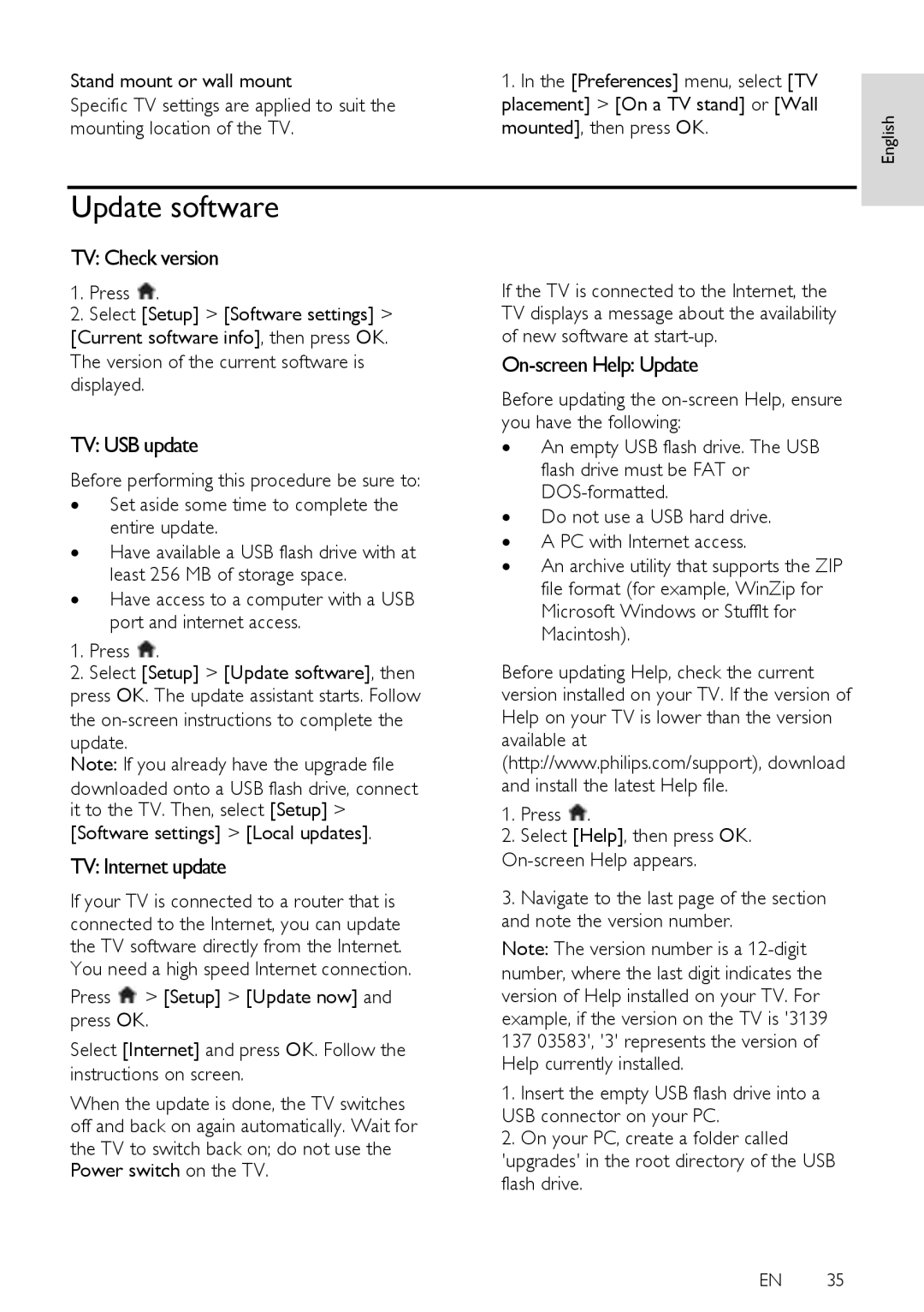 Philips 32PFL5405H, 40PFL6605H Update software, TV Check version, TV USB update, TV Internet update, On-screen Help Update 