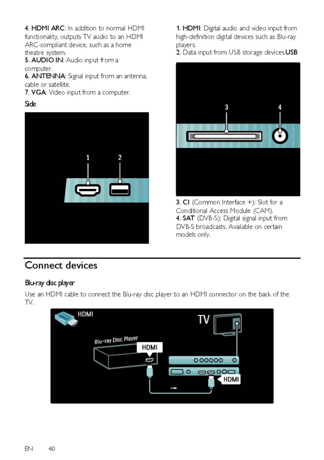 Philips 37PFL5405H, 40PFL6605H, 40PFL5605H, 40PFL5605K, 40PFL5805H, 46PFL5605H Connect devices, Side, Blu-ray disc player 