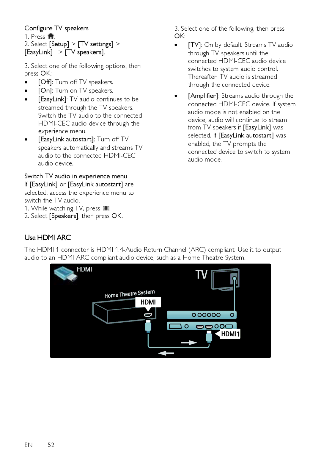 Philips 37PFL5405H, 40PFL6605H, 40PFL5605H, 40PFL5605K Use Hdmi ARC, Experience menu, Switch TV audio in experience menu 