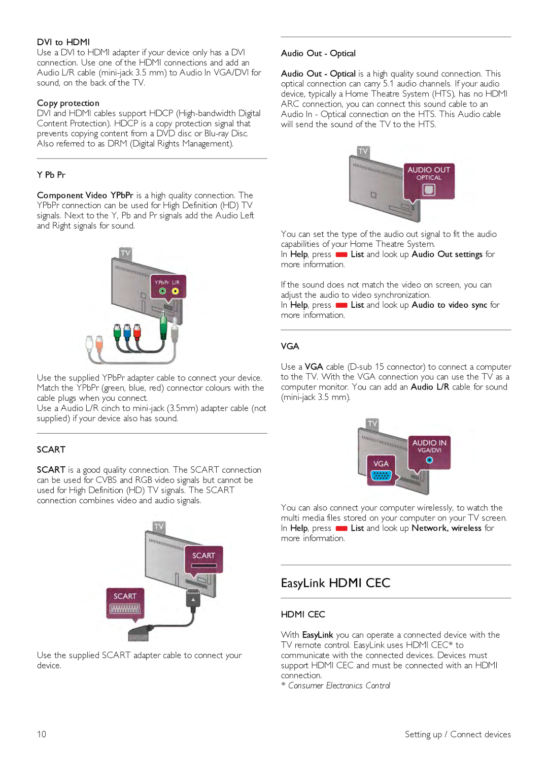 Philips 46PFL7007, 40PFL7007, 55PFL7007 manual EasyLink Hdmi CEC, Scart, Audio Out Optical, Vga 
