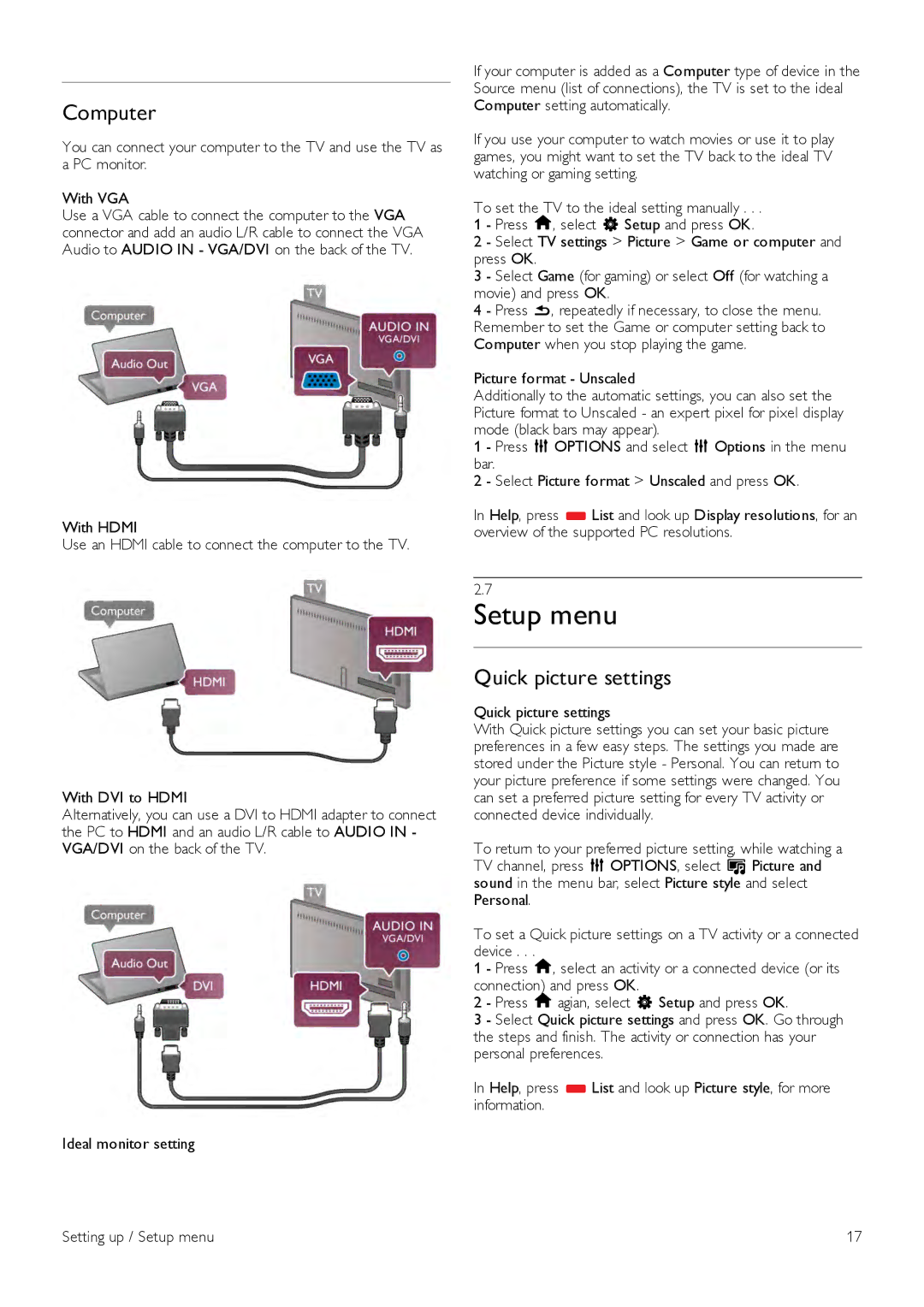 Philips 55PFL7007, 40PFL7007, 46PFL7007 manual Setup menu, Computer, Quick picture settings 