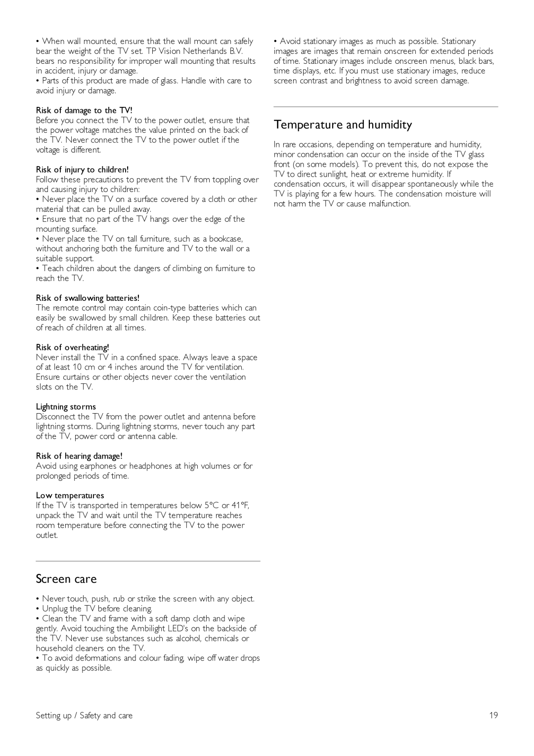 Philips 46PFL7007, 40PFL7007, 55PFL7007 manual Temperature and humidity, Screen care 