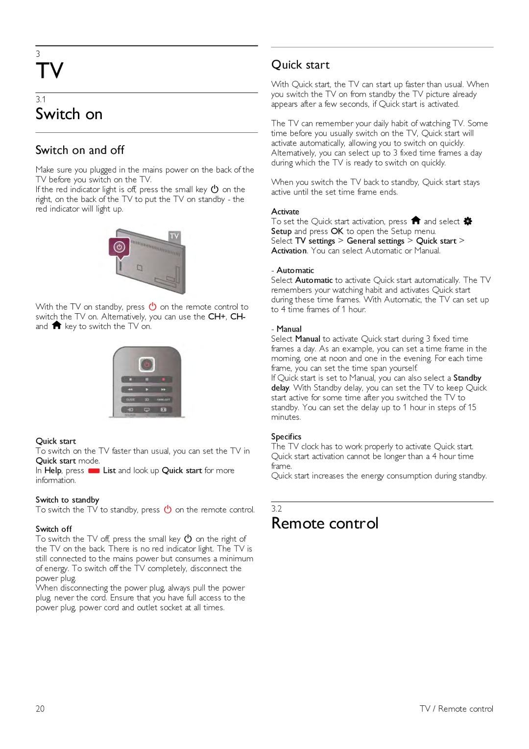 Philips 55PFL7007, 40PFL7007, 46PFL7007 manual Remote control, Switch on and off, Quick start 