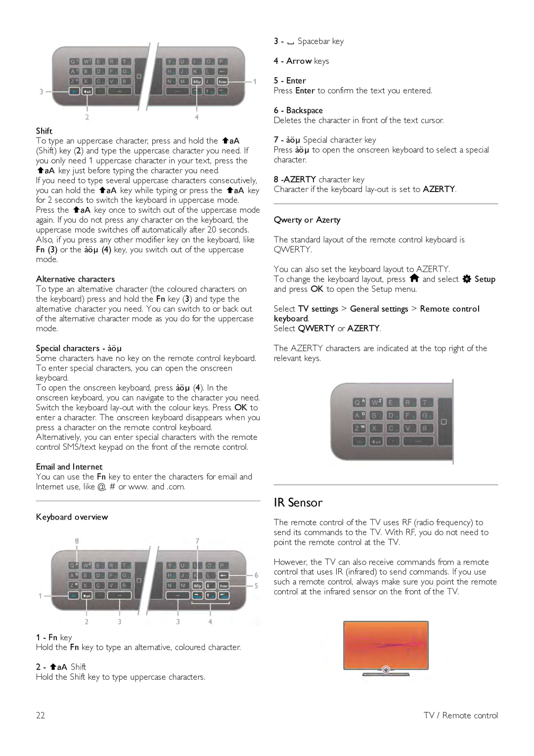 Philips 46PFL7007, 40PFL7007, 55PFL7007 manual IR Sensor, Shift, Qwerty 