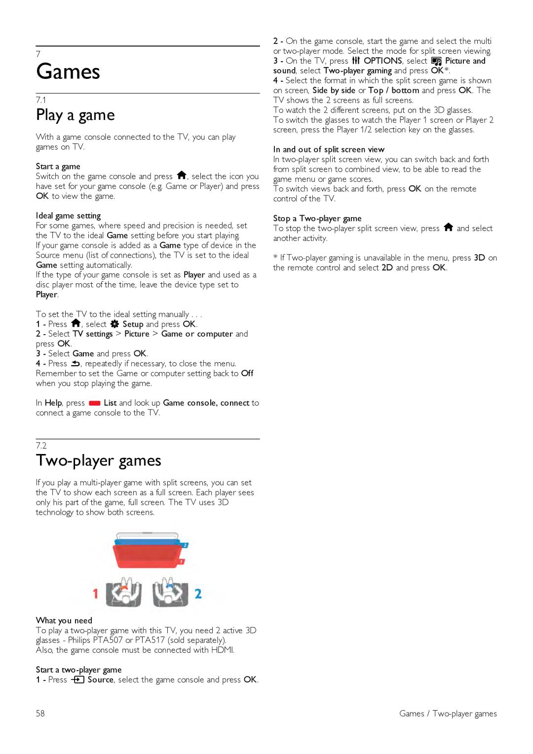 Philips 46PFL7007, 40PFL7007, 55PFL7007 manual Games, Play a game, Two-player games 