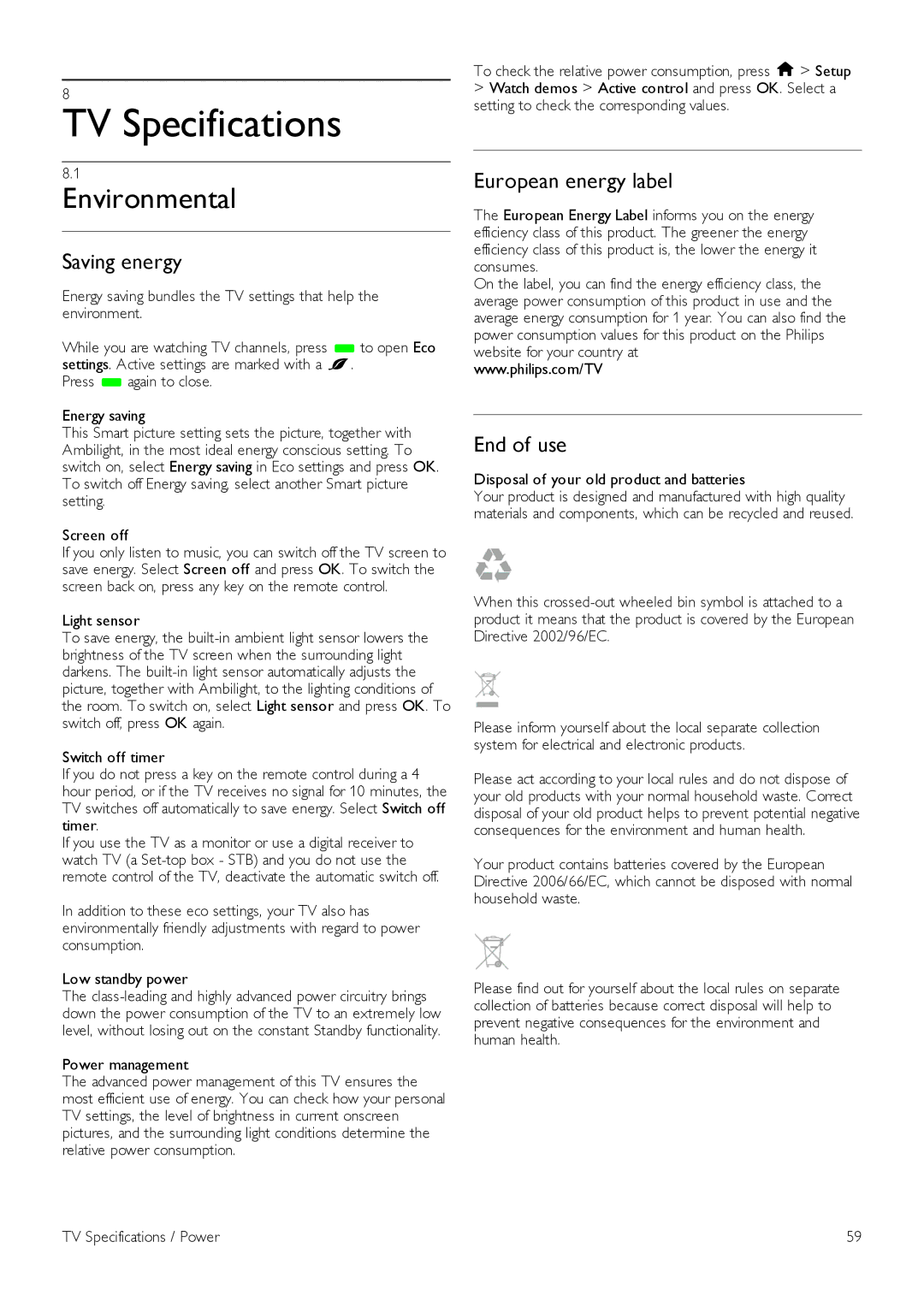 Philips 55PFL7007, 40PFL7007, 46PFL7007 TV Specifications, Environmental, Saving energy, European energy label, End of use 