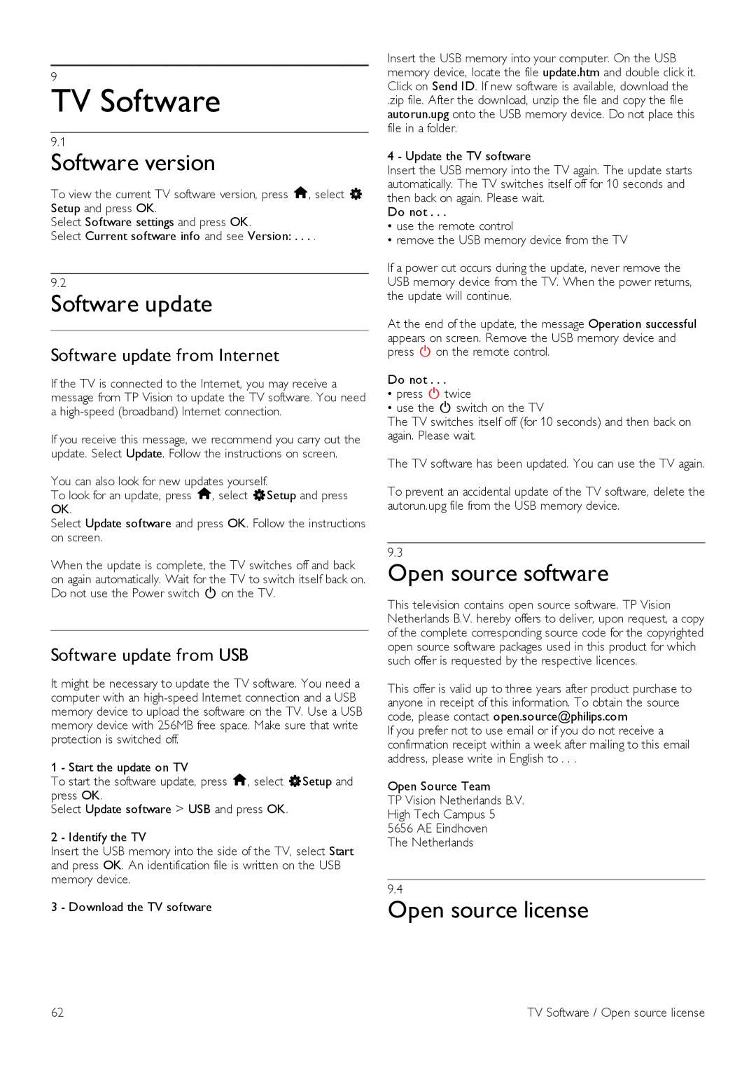 Philips 55PFL7007, 40PFL7007 TV Software, Software version, Software update, Open source software, Open source license 