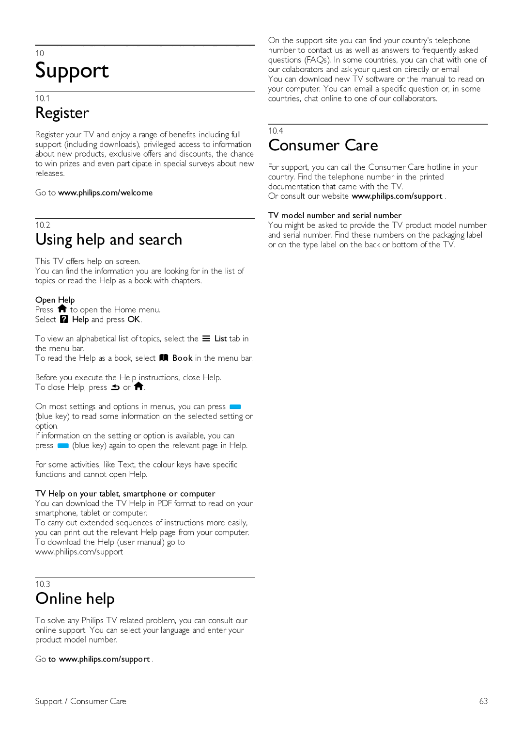 Philips 40PFL7007, 46PFL7007, 55PFL7007 manual Support, Register, Using help and search, Online help, Consumer Care 