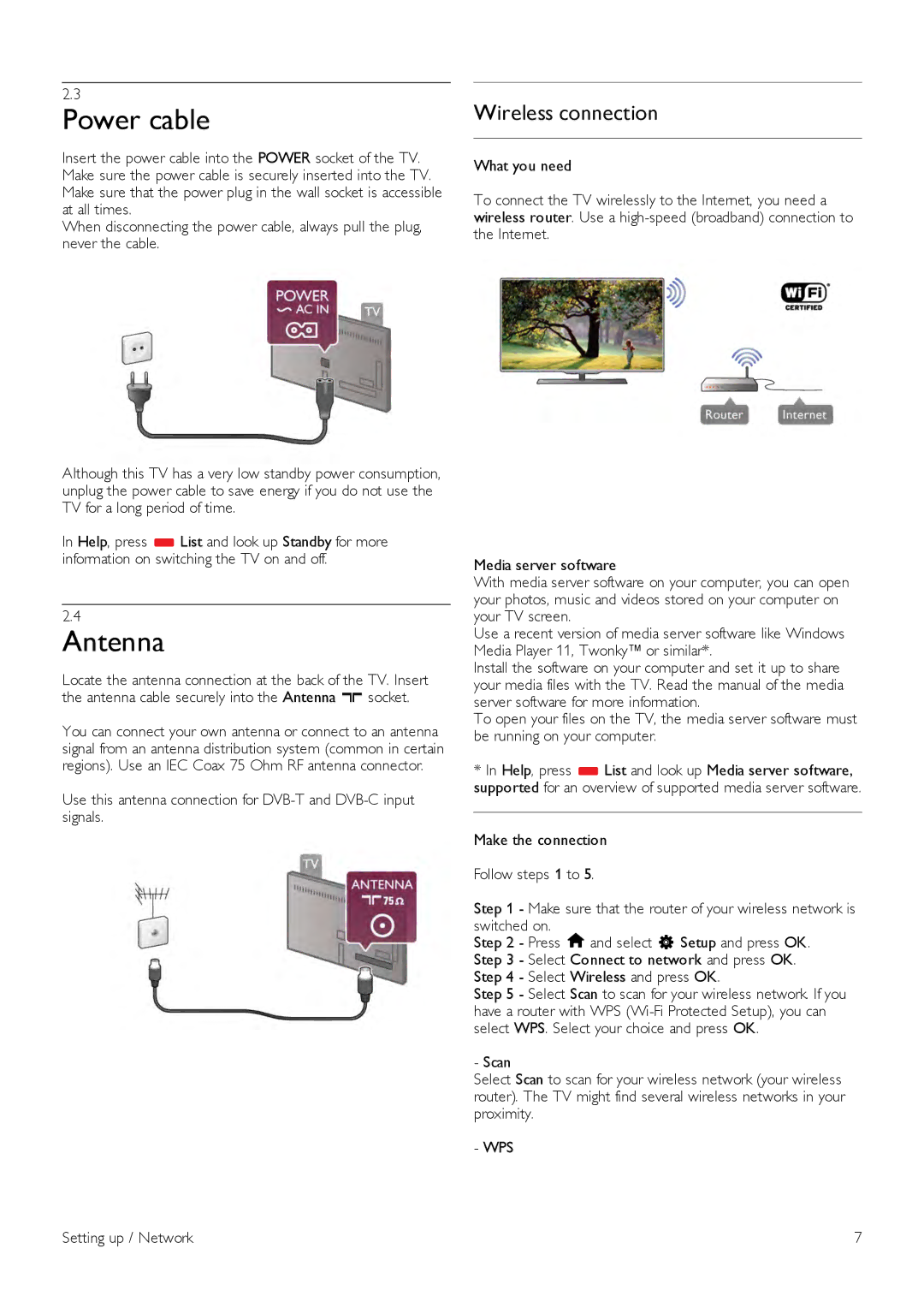 Philips 46PFL7007, 40PFL7007, 55PFL7007 manual Power cable, Antenna, Wireless connection, Wps, Setting up / Network 