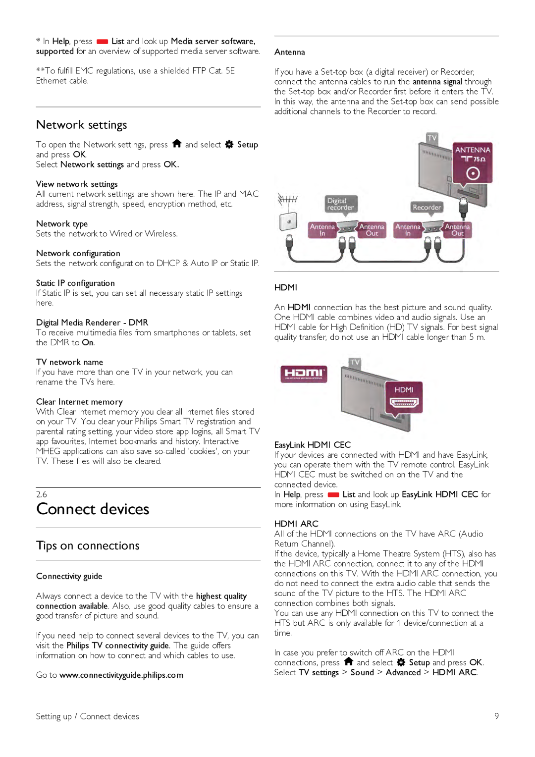 Philips 40PFL7007, 46PFL7007, 55PFL7007 Network settings, Tips on connections, Hdmi ARC, Setting up / Connect devices 