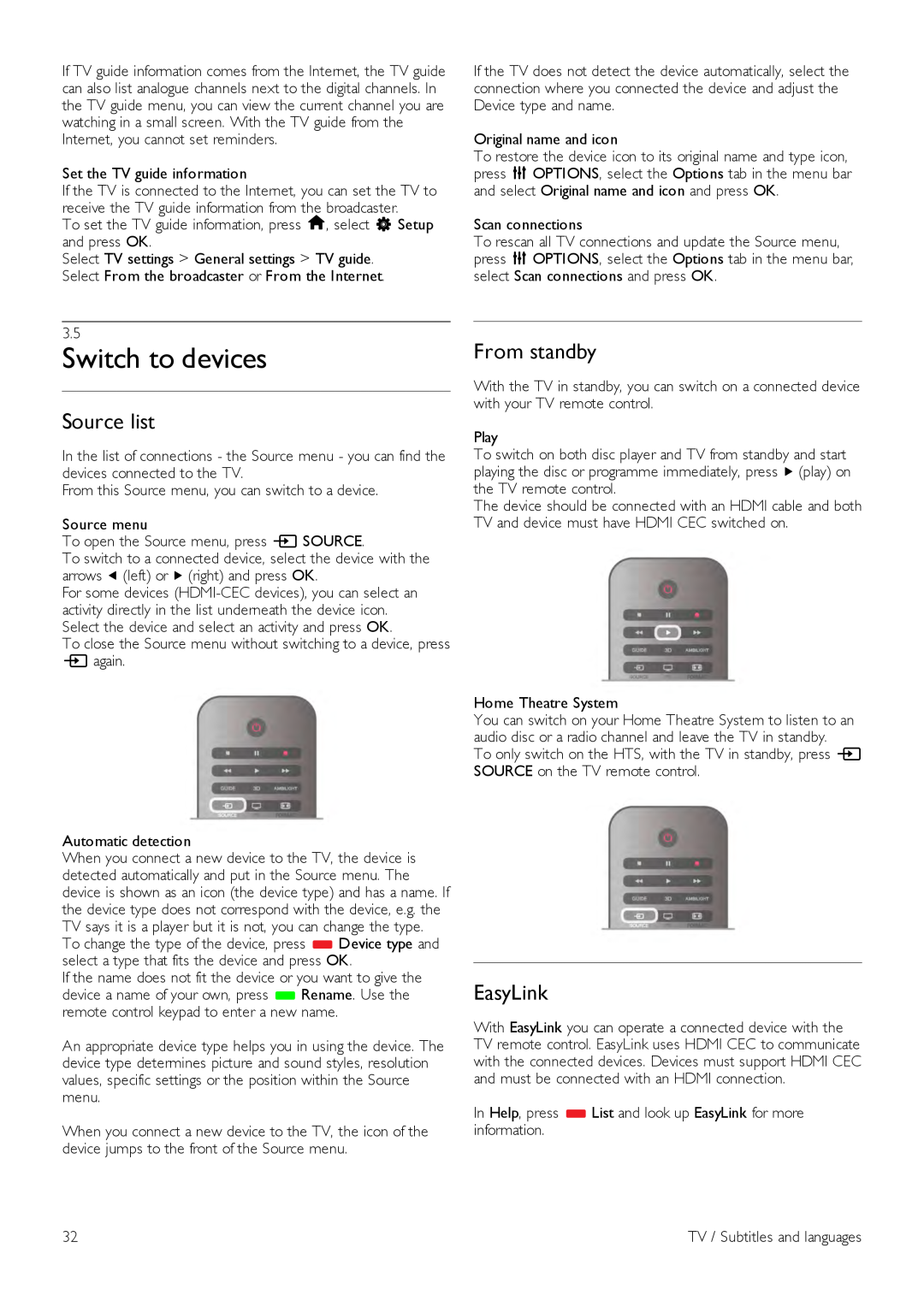 Philips 55PFL7007, 40PFL7007, 46PFL7007 manual Switch to devices, Source list, From standby, EasyLink 