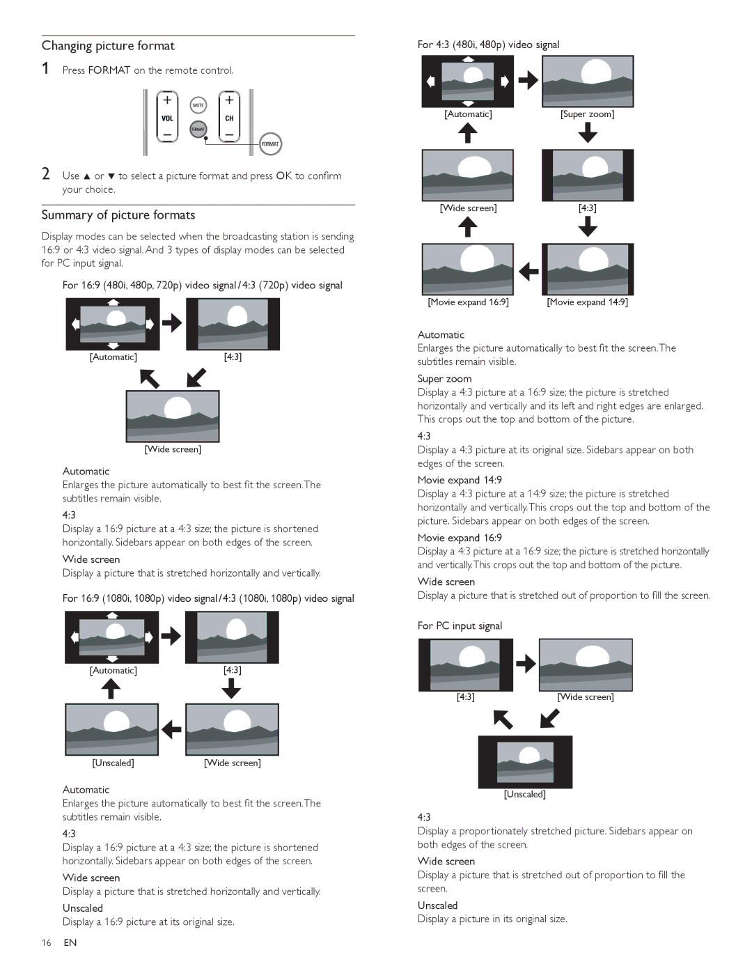 Philips 55PFL7505D, 40PFL7505D Changing picture format, Summary of picture formats, Wide screen, For PC input signal 