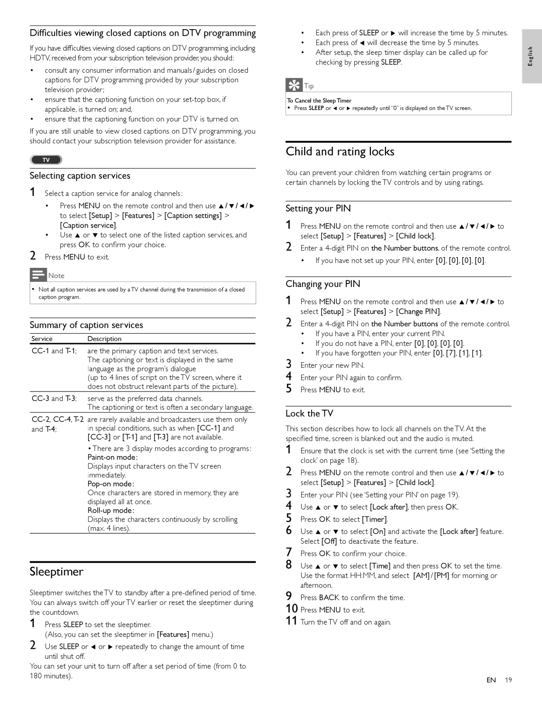 Philips 55PFL7505D, 40PFL7505D, 46PFL7505D user manual Sleeptimer, Child and rating locks 