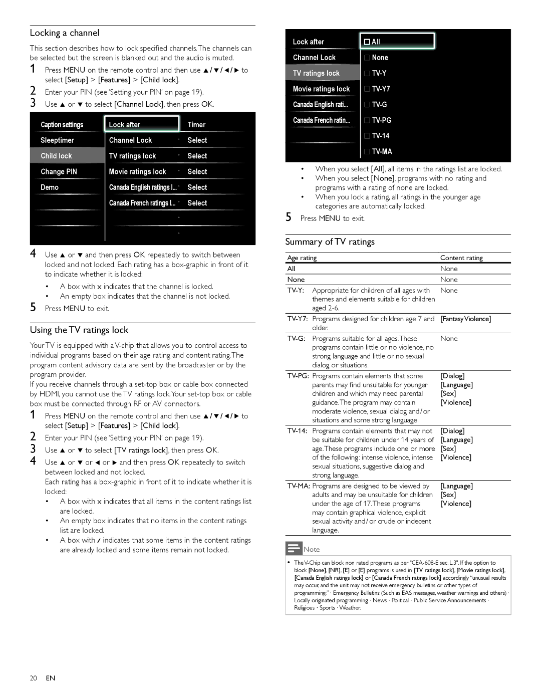 Philips 40PFL7505D, 46PFL7505D, 55PFL7505D user manual Locking a channel, Using the TV ratings lock, Summary of TV ratings 