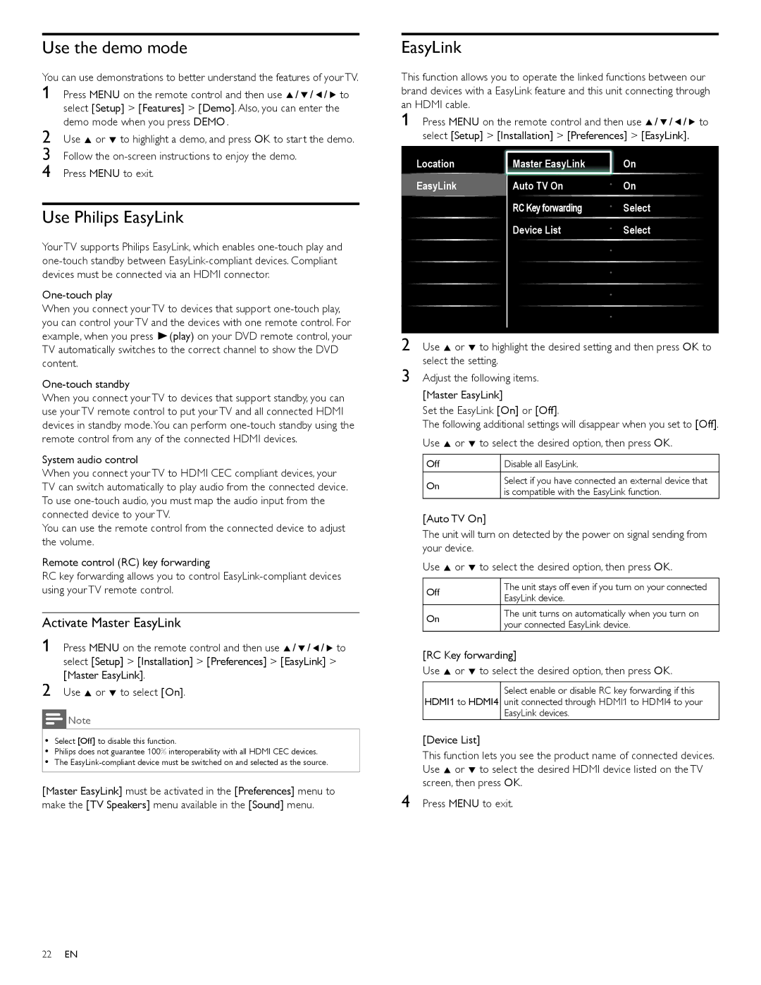 Philips 55PFL7505D, 40PFL7505D, 46PFL7505D user manual Use the demo mode, Use Philips EasyLink, Activate Master EasyLink 