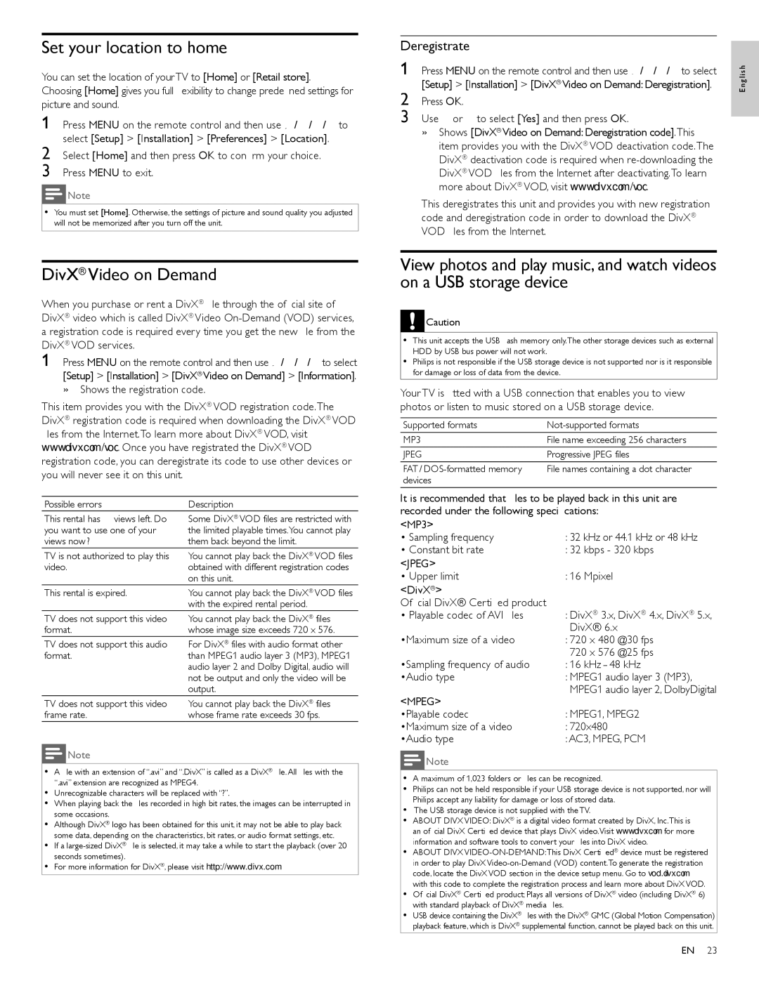 Philips 40PFL7505D, 46PFL7505D, 55PFL7505D user manual Set your location to home, DivX Video on Demand, Deregistrate 