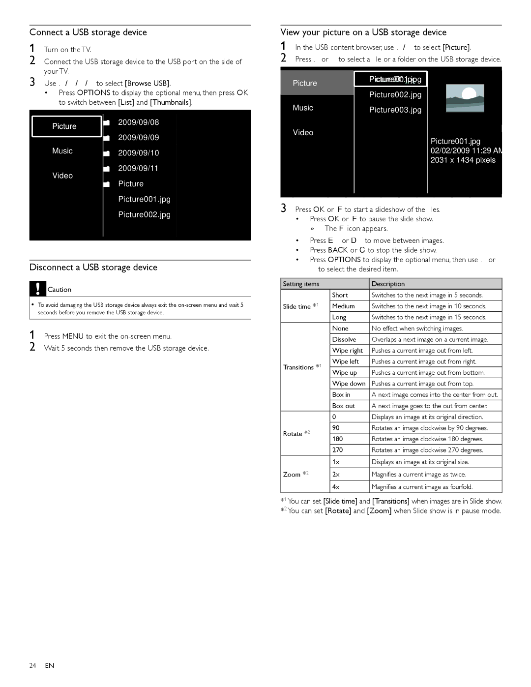 Philips 46PFL7505D, 40PFL7505D, 55PFL7505D Connect a USB storage device, View your picture on a USB storage device 