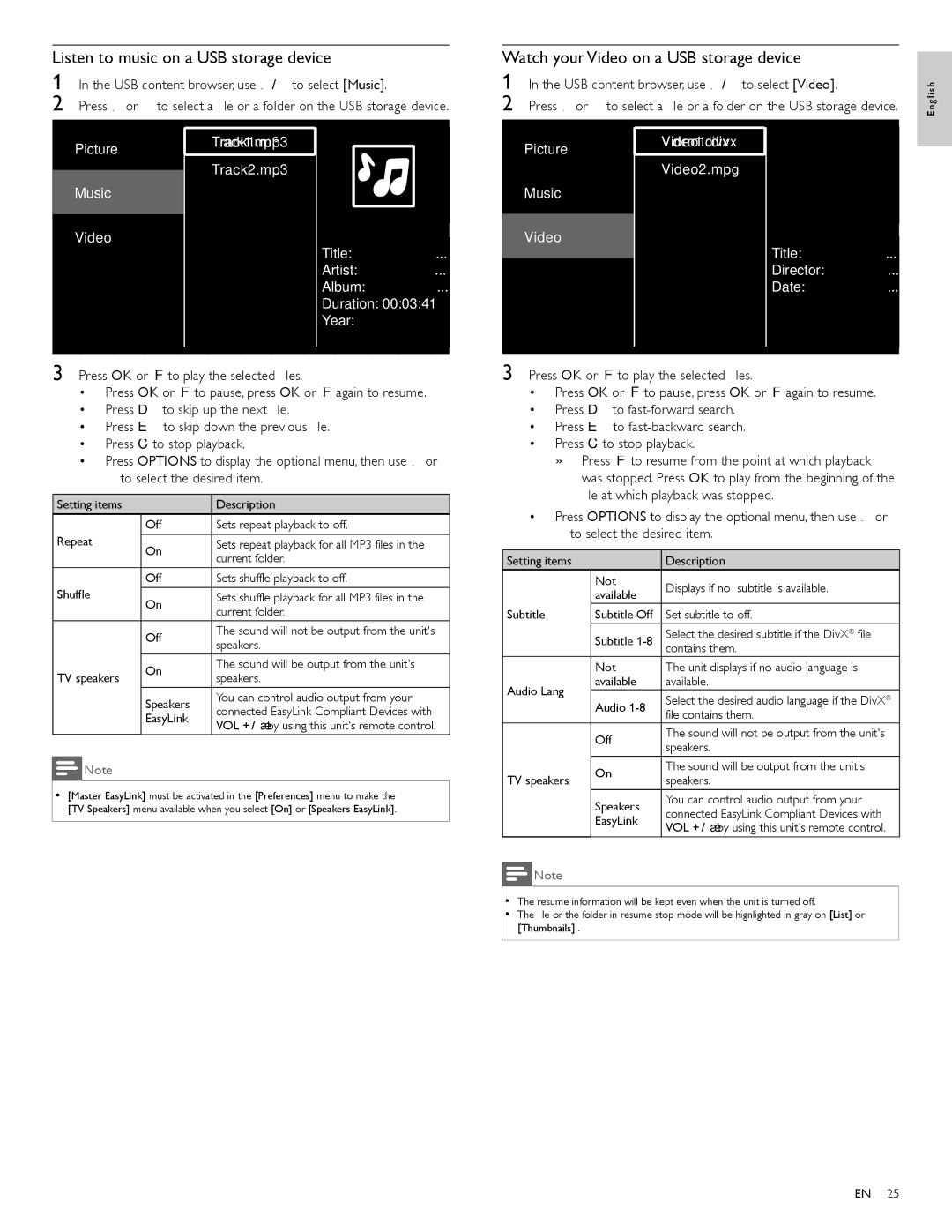 Philips 55PFL7505D, 40PFL7505D user manual Listen to music on a USB storage device, Watch your Video on a USB storage device 