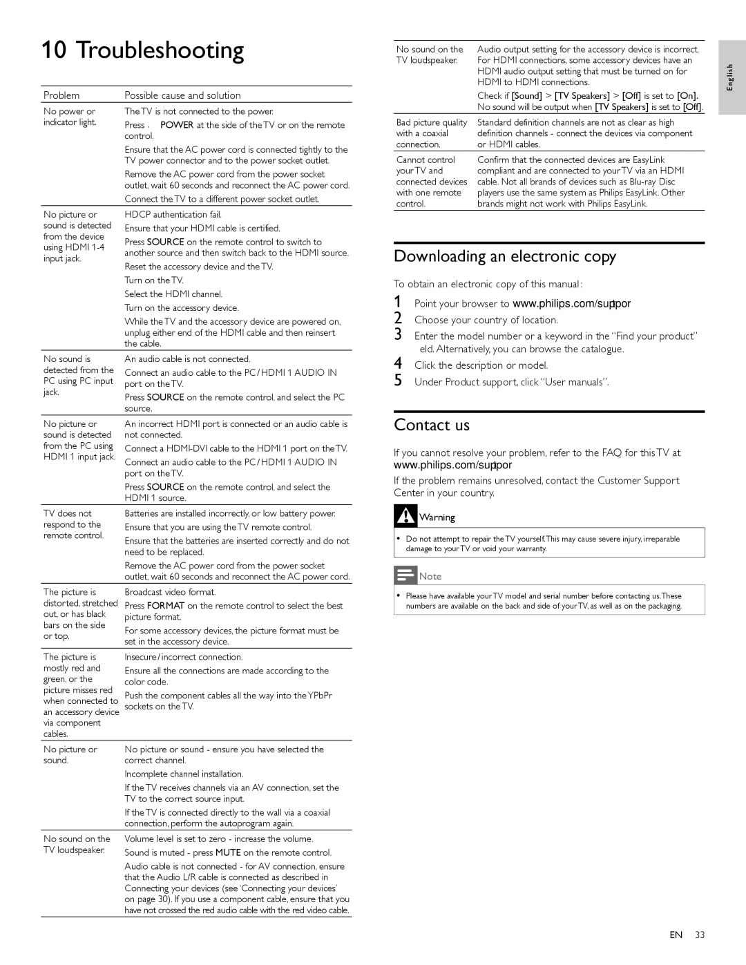 Philips 46PFL7505D Troubleshooting, Downloading an electronic copy, Contact us, Problem Possible cause and solution 