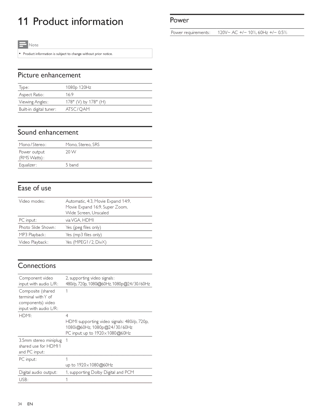 Philips 55PFL7505D, 40PFL7505D, 46PFL7505D user manual Product information 