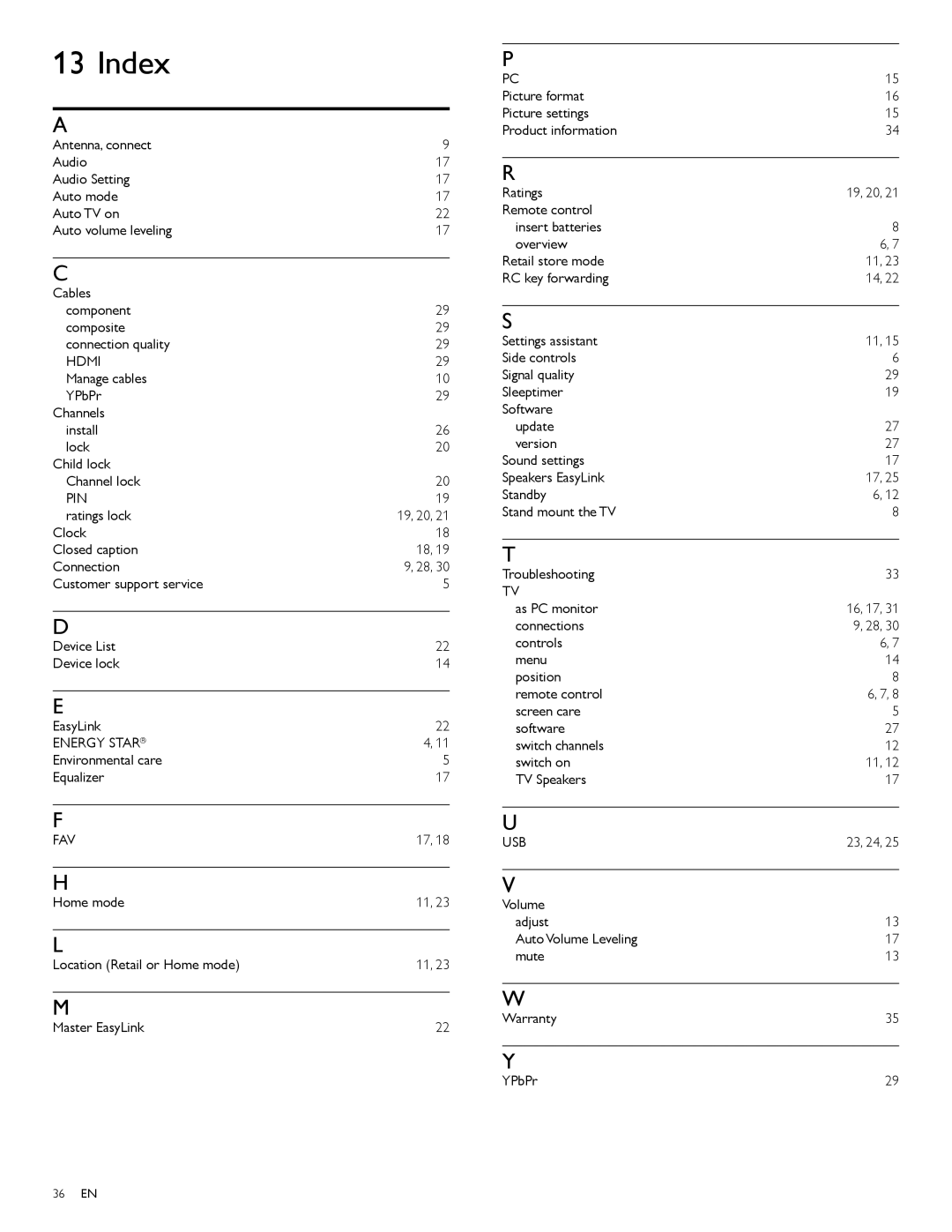 Philips 46PFL7505D, 40PFL7505D, 55PFL7505D user manual Index, Pin, Energy Star, Fav 