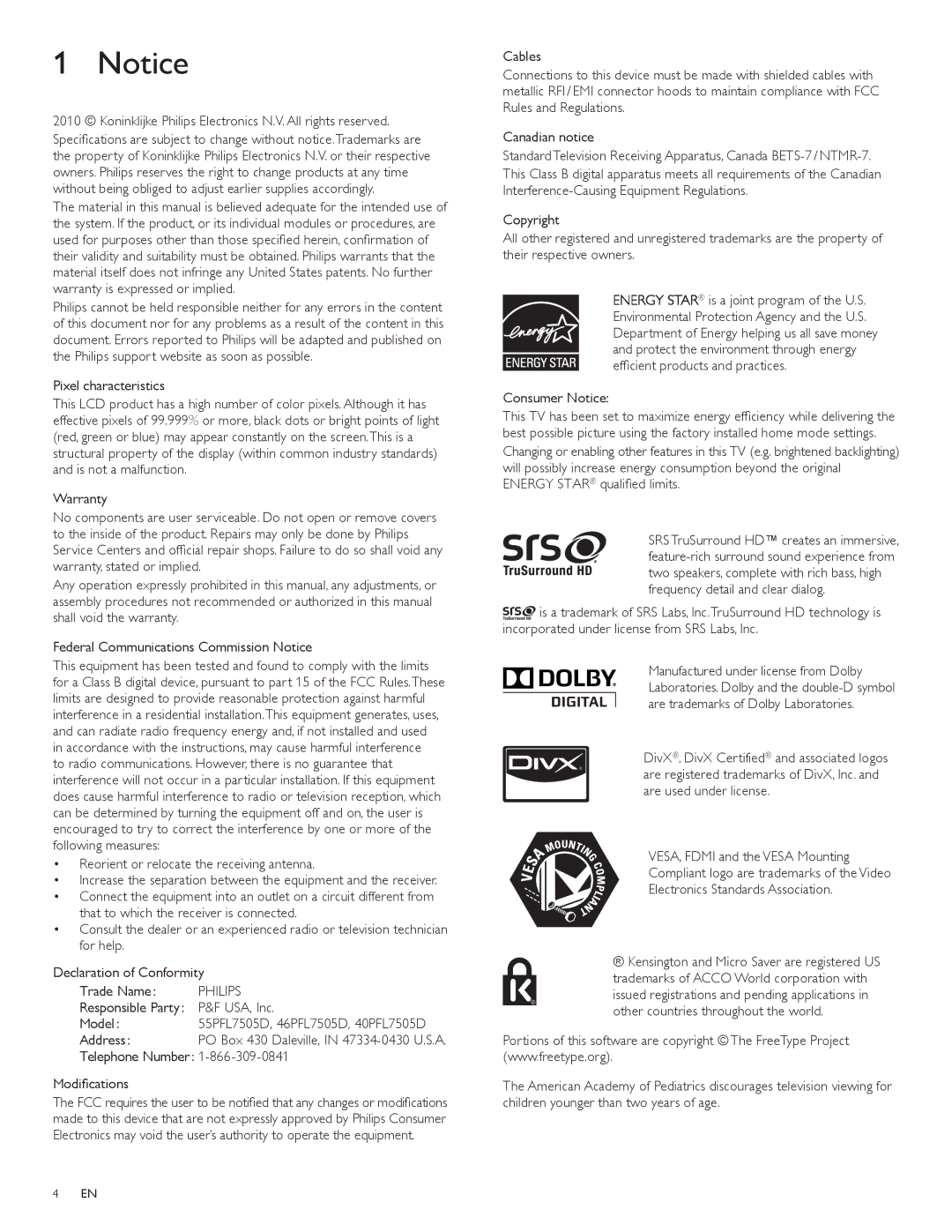 Philips 55PFL7505D, 40PFL7505D, 46PFL7505D user manual Philips 